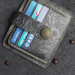 Handmade Leather Floral Mens Cool Front Pocket Wallet Short Wallet Card Holder Small Card Slim Wallets for Men