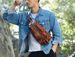 Genuine Leather Mens Cool Chest Bag Sling Bag Crossbody Bag Travel Bag Hiking Bag for men - imessengerbags