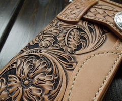 Handmade Leather Biker Wallet Tooled Floral Mens Cool Chain Wallet Trucker Wallet with Chain
