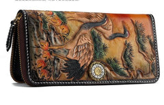 Handmade Leather Mens Clutch Wallet Cool Red-Crowned Crane Tooled Wallet Long Zipper Wallets for Men - imessengerbags