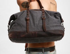 Gray Mens Leather Canvas Large Weekender Bag Canvas Travel Bag for Men - imessengerbags