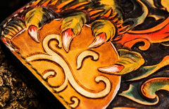 Handmade Leather Chinese Lion Tooled Mens billfold Wallet Cool Leather Wallet Slim Wallet for Men - imessengerbags