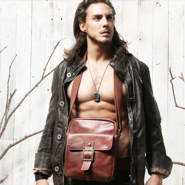 Brown Leather Mens Small Vertical Side Bag Messenger Bags Brown Casual Bicycle Bags for Men