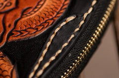 Handmade Leather Tooled Chinese Dragon Mens Chain Biker Wallet Cool Leather Wallet Zipper Long Phone Wallets for Men - imessengerbags