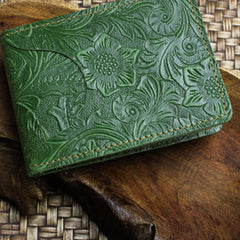 Handmade Leather Floral Mens License Wallets Cool Short Wallet Card Holder Small Card Slim Wallets for Men