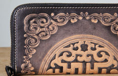 Handmade Genuine Leather Mens Cool Tooled Long Leather Wallet Bifold Clutch Wallet for Men - imessengerbags