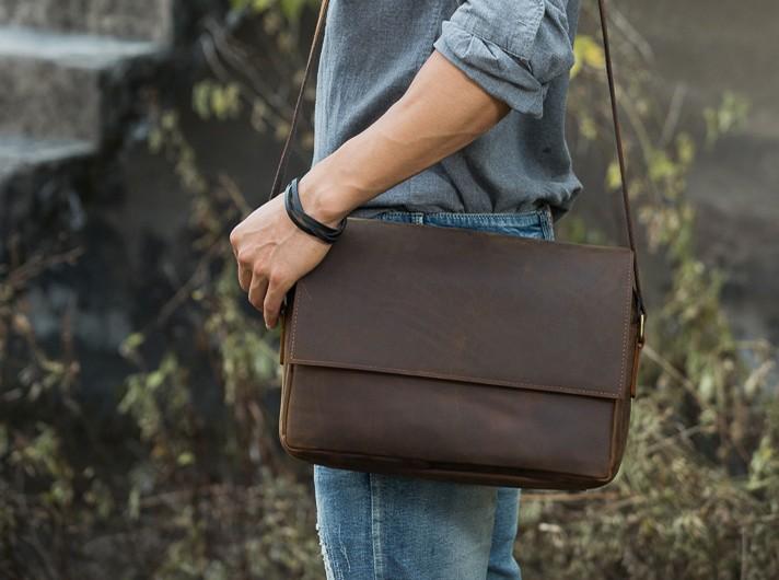 Coffee Vintage Zipper Messenger Bags Big Shoulder Bag with Wide Strap
