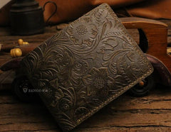 Handmade Leather Floral Mens Cool Slim Leather Wallet Men billfold Wallets Bifold for Men - imessengerbags