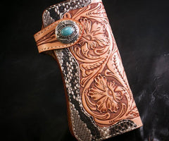 Handmade Mens Cool Tooled Boa Skin Floral Leather Chain Wallet Biker Trucker Wallet with Chain