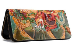 Handmade Leather Tooled White Jambhala Mens Long Wallet Cool Leather Clutch Wallets for Men