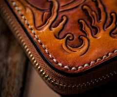 Handmade Leather Mens Clutch Wallet Cool Buddha&Demon Tooled Wallet Long Zipper Wallets for Men - imessengerbags