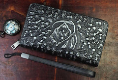Handmade Leather Mens Tooled Skull Death Cool Zipper Phone Travel Long Wallet Card Holder Card Slim Clutch Wallets for Men - imessengerbags
