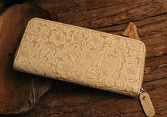 Handmade Leather Floral Floral Mens Cool Zipper Phone Travel Long Wallet Card Holder Card Slim Clutch Wallets for Men - imessengerbags