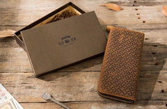 Cool Leather Mens Braided Long Zipper Clutch Wallet Long Wallet for Men - imessengerbags
