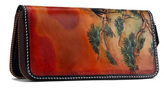 Handmade Leather Mens Clutch Wallet Cool Red-Crowned Crane Tooled Wallet Long Zipper Wallets for Men - imessengerbags