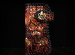 Handmade Mens Cool Tooled Zhong Kui demon Leather Chain Wallet Biker Trucker Wallet with Chain