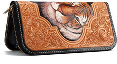 Handmade Leather Mens Clutch Wallet Cool Floral Tiger Tooled Wallet Long Zipper Wallets for Men - imessengerbags