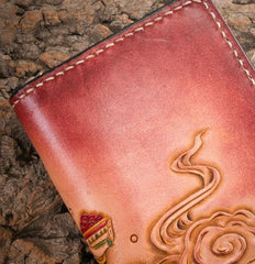 Handmade Leather Mens Clutch Wallet Tooled Cool Ganesha Wallet Long Zipper Wallets for Men