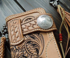 Handmade Leather Biker Wallet Tooled Floral Mens Cool Chain Wallet Trucker Wallet with Chain