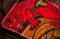 Handmade Leather Tooled Chinese Monster Mens Chain Biker Wallet Cool Leather Wallet Zipper Long Phone Wallets for Men
