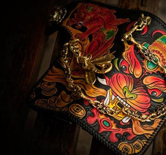 Handmade Leather Monster Mens Chain Biker Wallet Cool Leather Wallet Long Phone Wallets for Men