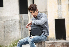 Black Small Leather Mens Shoulder Bags Messenger Bags for Men
