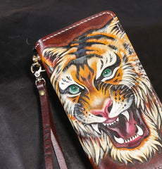 Handmade Leather Tiger Tooled Mens Chain Biker Wallet Cool Leather Wallet Long Phone Wallets for Men