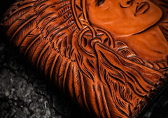 Handmade Leather Indian Chief Tooled Mens billfold Wallet Cool Leather Wallet Slim Wallet for Men - imessengerbags