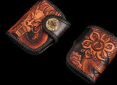 Handmade Leather Tooled Chinese Dragon Biker Wallet Mens Cool Short Chain Wallet Trucker Wallet with Chain - imessengerbags