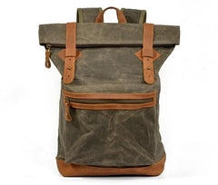 Coffee Waxed Canvas Leather Mens Cool Backpack Canvas Travel Backpack Canvas School Backpack for Men