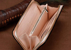 Handmade Leather Mens Clutch Wallet Cool Chinese Dragon Tooled Wallet Long Zipper Wallets for Men - imessengerbags