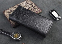 Handmade Leather Floral Mens Cool Travel Long Wallet Card Holder Card Trifold Clutch Wallets for Men - imessengerbags