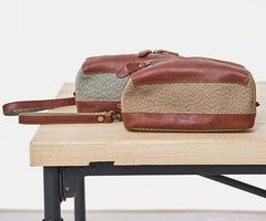 Large Canvas Leather Mens Clutch Bag Zipper Wristlet Bag Purse for Men