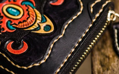 Handmade Leather Mens Tooled Monster Chain Biker Wallet Cool Leather Wallet Long Clutch Wallets for Men - imessengerbags