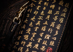 Handmade Leather Mens Chain Chinese Handwriting Biker Wallet Cool Leather Wallet Long Phone Wallets for Men