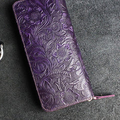 Handmade Leather Floral Mens Cool Travel Long Wallet Card Holder Card Slim Clutch Wallets for Men - imessengerbags