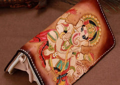 Handmade Leather Mens Clutch Wallet Cool Ganesha Tooled Wallet Long Zipper Wallets for Men - imessengerbags