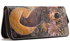 Handmade Leather Mens Clutch Wallet Cool Gold Toad Triped Crow Tooled Wallet Long Zipper Wallets for Men - imessengerbags