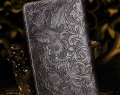 Handmade Leather Floral Mens Cool Travel Long Wallet Card Holder Card Slim Clutch Wallets for Men - imessengerbags