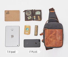 Cool Gray Canvas Leather Mens Sling Bag Chest Bag One Shoulder Pack for men - imessengerbags