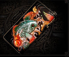 Handmade Leather Tooled Carp Mens Chain Biker Wallet Cool Leather Wallet Long Phone Wallets for Men