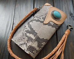 Handmade Leather Biker Wallet Mens Cool Chain Trifold Wallet Trucker Wallet with Chain