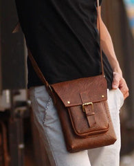 Handmade Vintage Leather Mens Small Messenger Bag Coffee Cell Phone Shoulder Bag for Men - imessengerbags