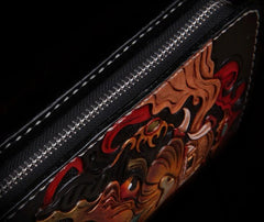 Handmade Leather Mens Clutch Wallet Tooled Cool Monster Wallet Long Zipper Wallets for Men