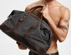Gray Mens Leather Canvas Large Weekender Bag Canvas Travel Bag for Men