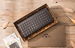 Cool Black Braided Leather Mens Long Wallet Long Wallet for Men - imessengerbags