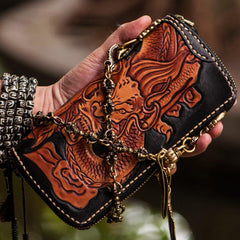 Handmade Leather Tooled Chinese Dragon Mens Chain Biker Wallet Cool Leather Wallet Zipper Long Phone Wallets for Men - imessengerbags