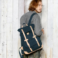 Black Fashion Canvas Leather Mens Laptop Backpack Navy Blue College Backpack Travel Backpack for Men - imessengerbags
