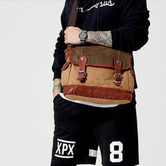 Khaki Canvas Leather Mens Coffee Side Bag Messenger Bag Khaki Canvas Courier Bag for Men