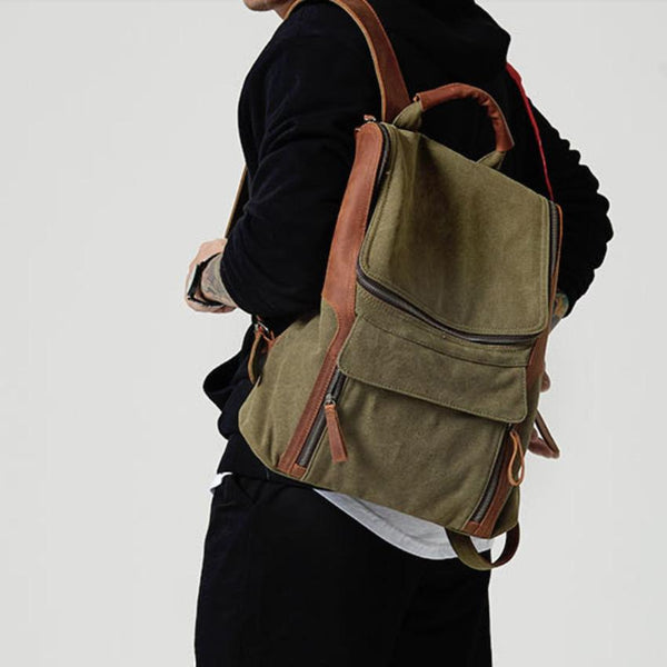 Fashion Canvas Leather Mens Large Army Green Backpack School Backpack Canvas Travel Backpack For Men - imessengerbags